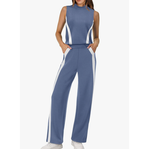 XIEERDUO Two Piece Sets for Women Summer Outfits Travel Mock Neck Lounge Sets Wide Leg Pants Beach Vacation Clothes, L