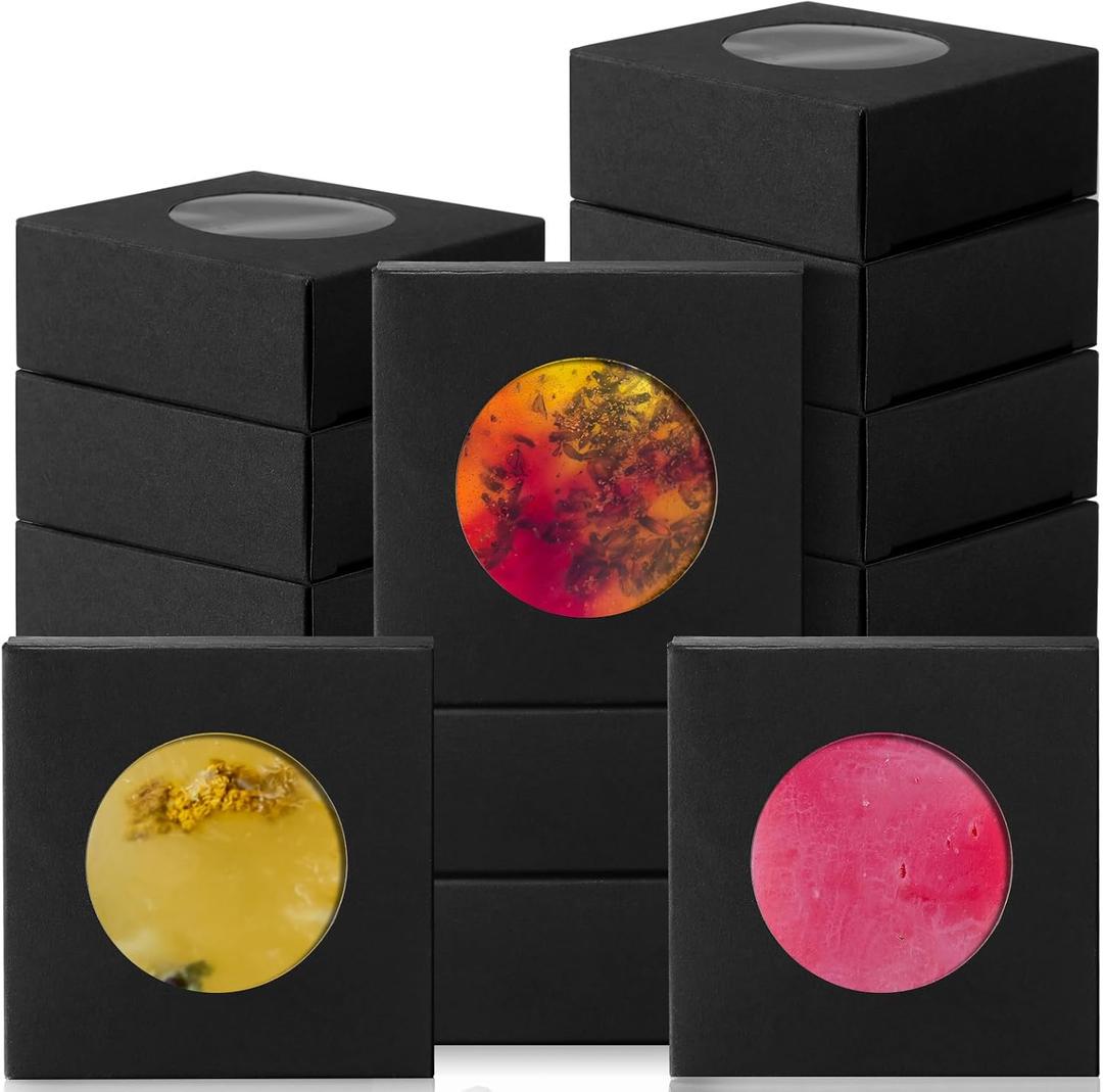 TaoBary 100 Pcs Soap Boxes for Homemade, 3 x 3 x 1.2 Inch Small Paper Gift Packaging Boxes with Window, Gift Wrappers for Soap Packaging Making Party Favor(Round,Black)