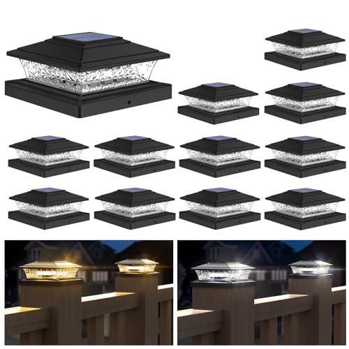 APONUO Solar Post Lights Outdoor, 2 Lighting Modes 16 LEDs Solar Post Cap Lights for 4x4 5x5 6x6 Vinyl Wooden Posts Waterproof Fence Post Lights Solar Powered for Deck/Fence/Porch (Black,12 Pack)