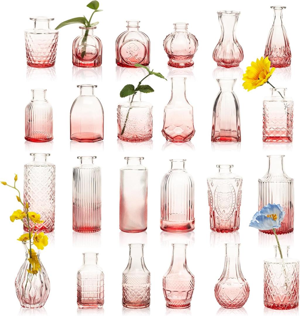 UMEIED 24 Pack Glass Bud Vases in Bulk for Centerpieces, Clear Vintage Decorative Small Vases for Flowers, Wedding Rustic Home Table Decor (Pink)
