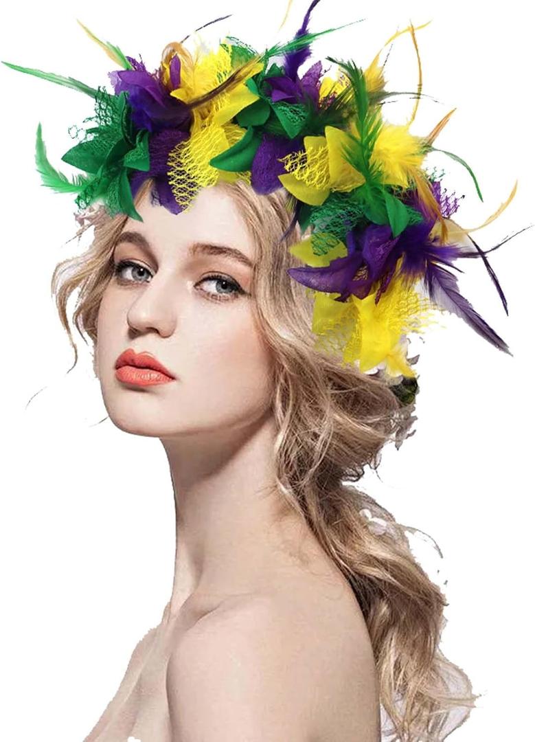 Mardi Gras Headband, Mardi Gras Feather Flower Headband Purple Yellow Green Hairband Hair Accessory Halloween Headband