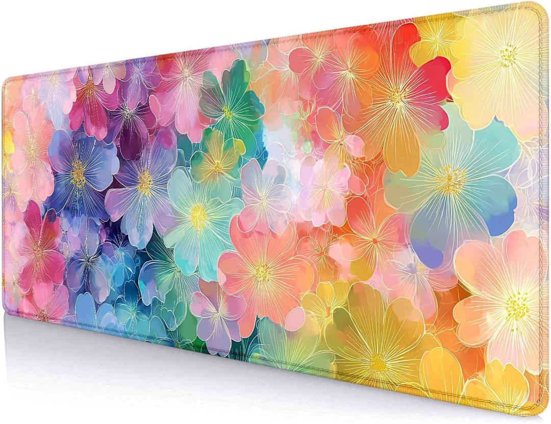 Colorful Flowers Large Mouse Pad Mat, Pink Blue Yellow and Green Pattern Desk Mat, Watercolor Beautiful Floral Desk Pads for Office, Non-Slip Laptop Computer Pad, 31.5x11.8 in