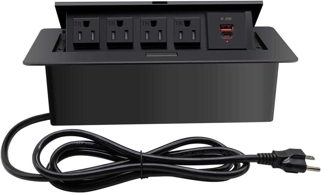 Pop up Power Strip, Embedded countertop Pop Up Outlet, 6.5FT 16AWG Cable 4 AC Outlets max power1875w USB C PD 20W Fast Charging Used for Office, Conference, Home, Study, Table etc -Black