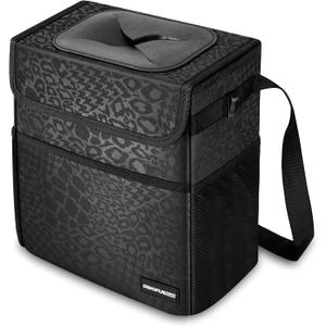 SIBOFUEGO Cute Car Trash Can with Lid  Multipurpose Collapsible Trash Bin for Car, Leak-Proof Organizer, Waterproof Garbage Can with Storage Pockets & Adjustable Straps, 2 Gallons (Black Leopard)