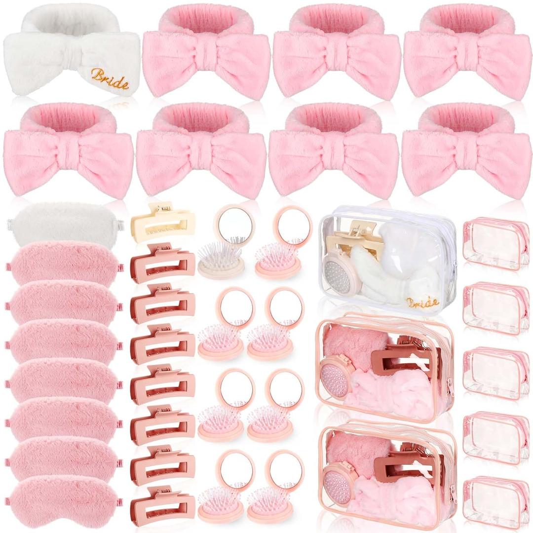 Suncalla 40 Pcs Spa Sleepover Party Supplies Include Sleep Eye Mask Headband Hair Clip Mirror Comb Makeup Bag for Girls Women Slumber Bachelorette Birthday Party Favors(White, Pink)