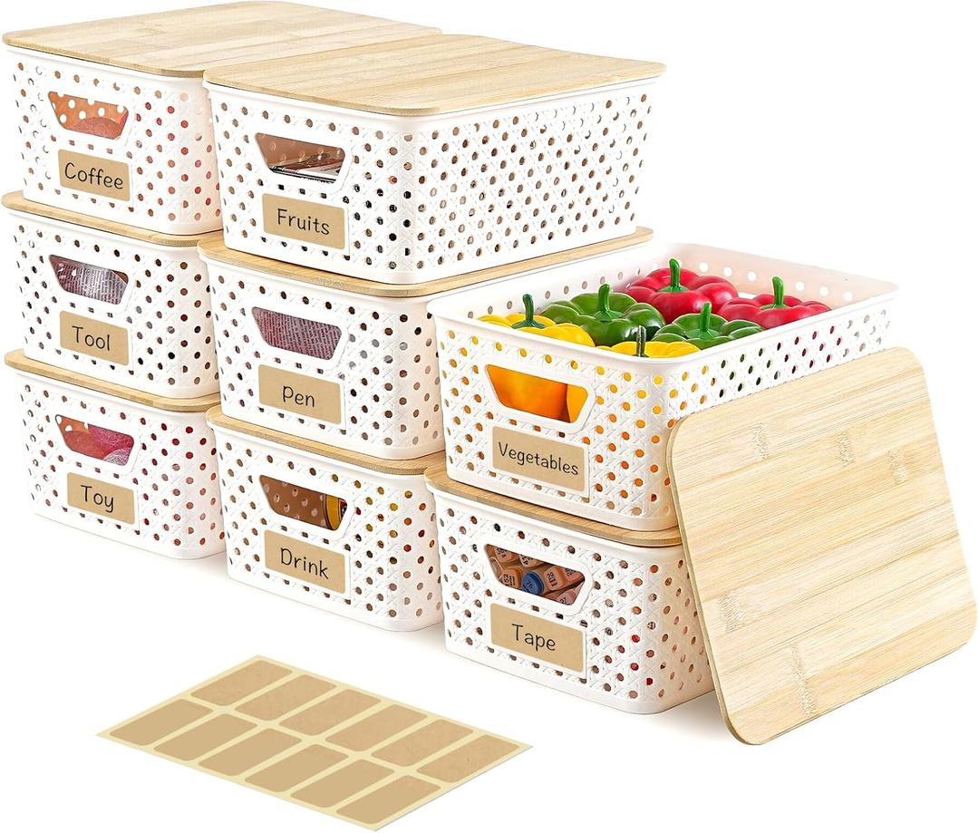8 Pack Plastic Storage Bins with Bamboo Lids - Stackable Storage Baskets with Handle for Pantry Organizer and Storage, Plastic Containers Bins for Kitchen Bathroom Classroom Office Shelves
