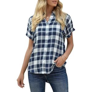 Veatzaer Women's Plaid Short Sleeve Button Down Shirt Casual Summer Blouses Tops (Blue) S