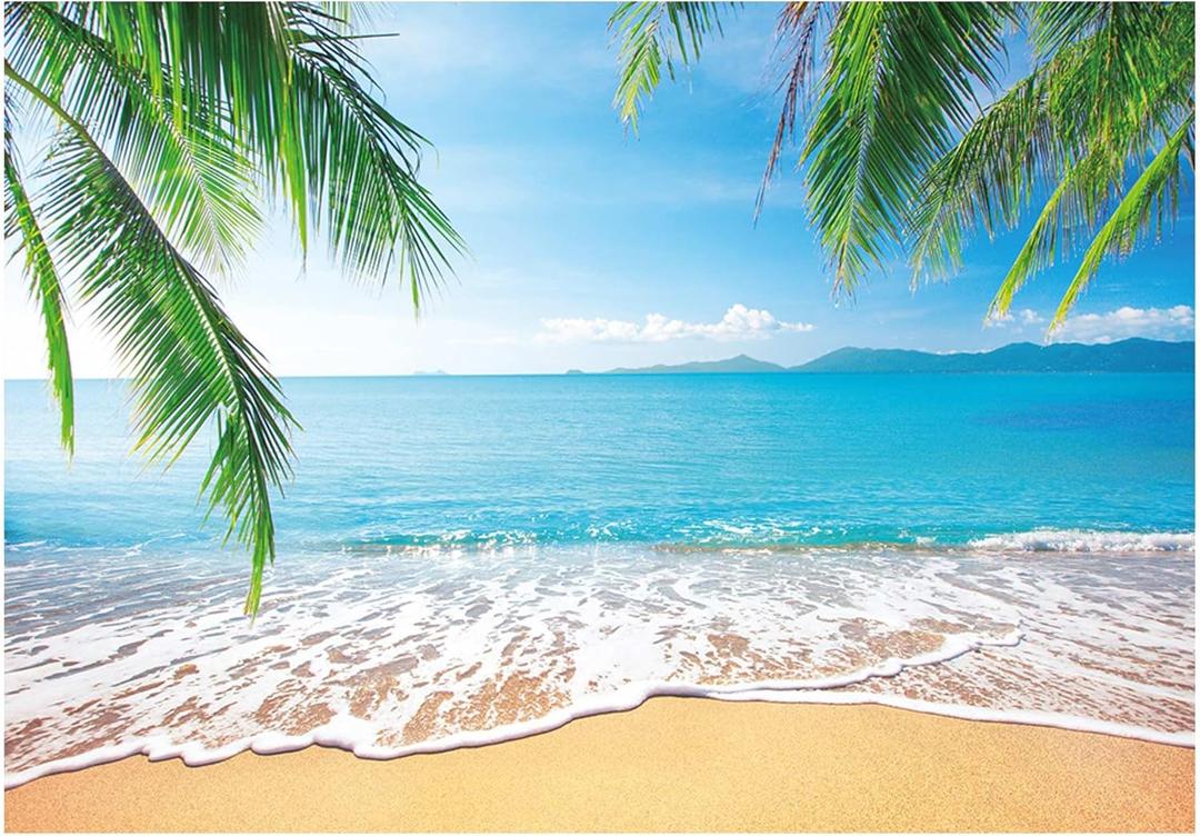 Allenjoy 7x5ft Tropical Beach Background Summer Luau Palm Leaves Ocean Island Seaside Scene Wedding Photography Backdrop Baby Birthday Bridal Shower Party Decoration Banner Photo Booth Props Yellow