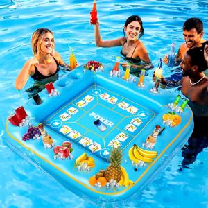 Elcoho 55 x 55 Inch Extra Large Inflatable Game Table with Waterproof Playing Cards Floating Pool Table Drink Holder Inflatable Ice Serving Tray Buffet Bar for Pool Summer Party, Light Blue