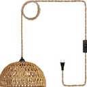 Boho Pendant Light Plug in: Rattan Hanging Lamp with 14.7ft Plug in Cord, Adjustable Height Hand Woven Hanging Light Fixture for Living Room, Bedroom, Dining Room, Kitchen, E26 No Bulb