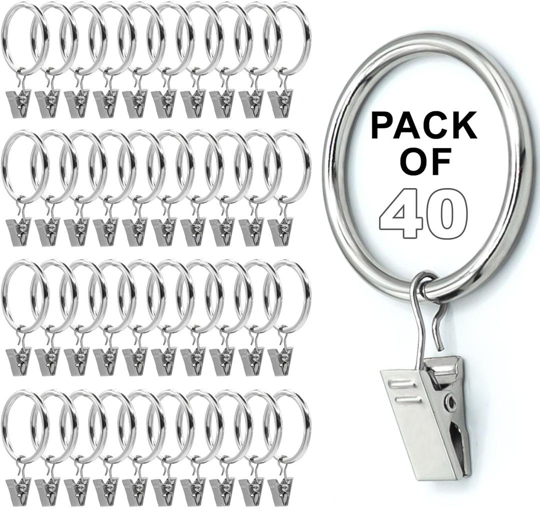 Silver Curtain Rings with Clips 1.5" Inch Set of 40 Heavy Duty Curtain Hooks for Drapes, Caps, Pictures - fits on Rod Diameter Upto 1.25Inch/32mm (Silver, 1.5" Inch - 40 Pack)