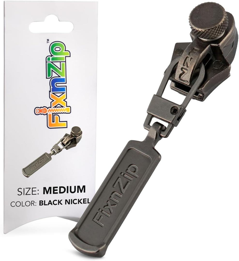 FixNZip Medium Black Nickel Zipper Repair Kit | Universal No-Sew Slider Replacement for Jackets, Sleeping Bags, Tents, and Duffel Bags | Instant and Reusable Zipper Repair Tool | Sizes 5-7