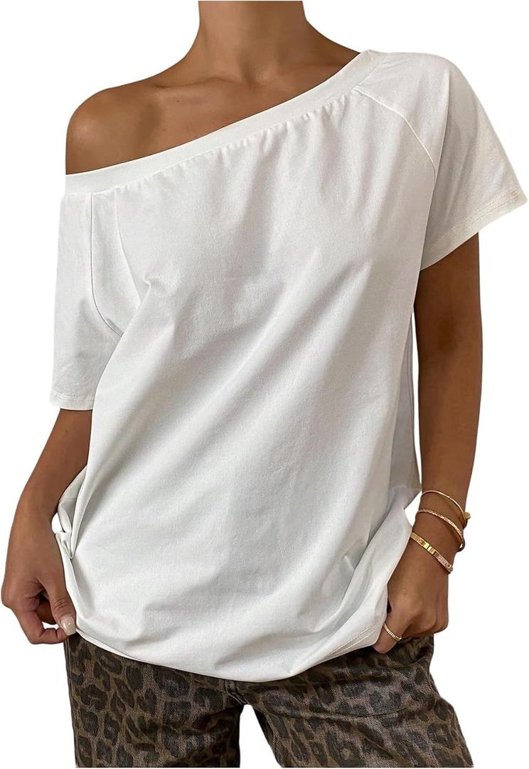 Women's Off The Shoulder Tops Short Sleeve Oversized Tshirts Trendy Y2k Tops Summer T Shirts (White, M)