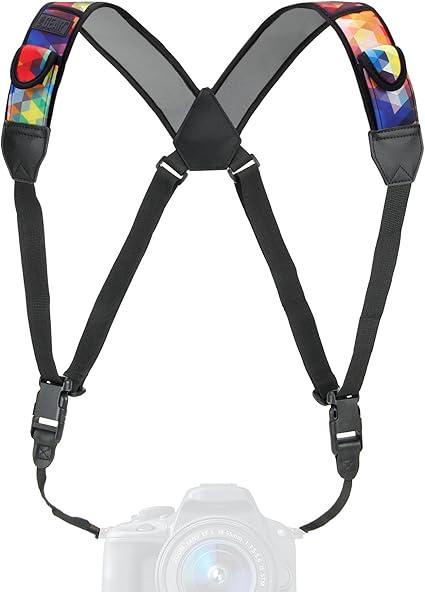 USA Gear DSLR Camera Strap Chest Harness with Quick Release Buckles, Geometric Neoprene Pattern and Accessory Pockets - Compatible with Canon, Nikon, Sony Point and Shoot and Mirrorless Cameras 