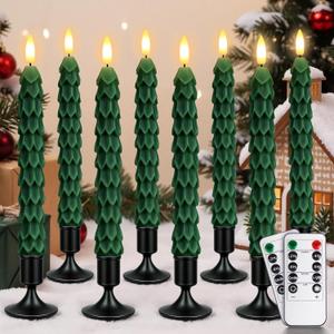 YAUNGEL 8 Pcs Flameless Christmas Tree Candles with Remote Timer, Real Wax Christmas Tree Candles Battery Operated Flickering Flame,10 Inch Green Tree Candlesticks with Holder for New Year Xmas Decor