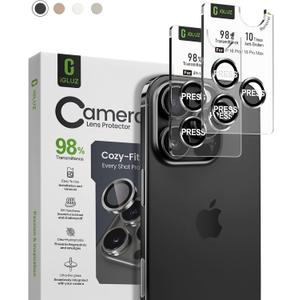 iGluz 2 Pack Anti-Reflection Camera Lens Protector for iPhone 16 Pro/iPhone 16 Pro Max [98% Transmittance][1-Step Installation Tray][Strong Adsorption] 9H Shatterproof Tempered Glass-Black Titanium