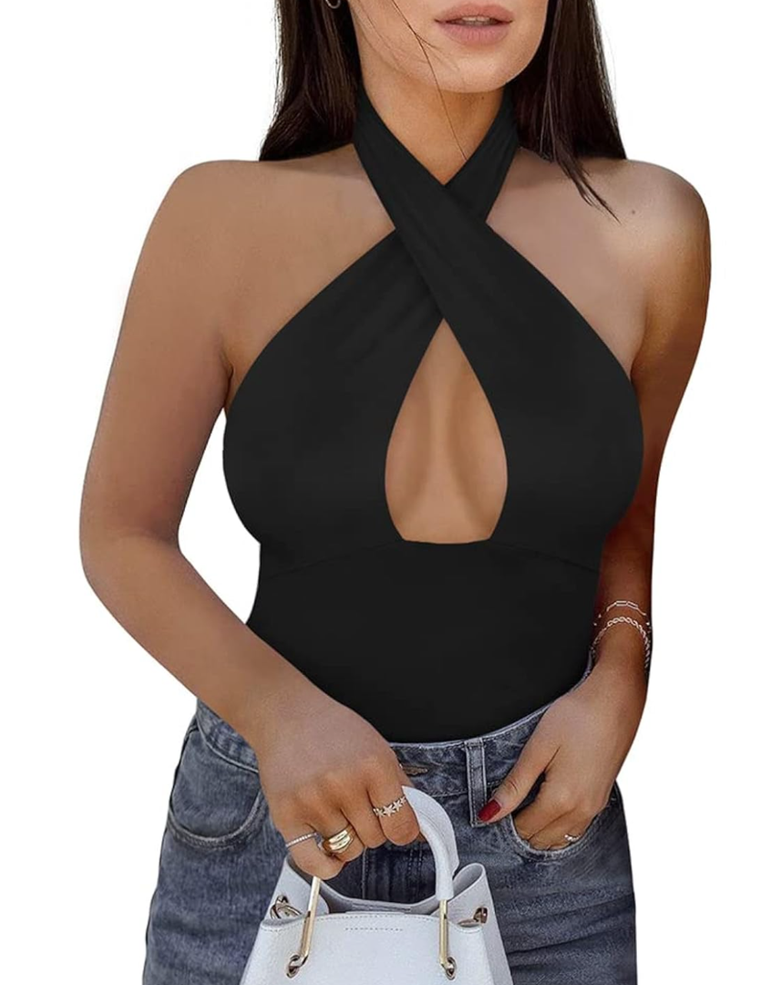 REORIA Butsmooth® Women's Trendy Sexy Criss Cross Halter Neck Sleeveless Thong Bodysuits Xl