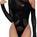 Verdusa Women's Long Sleeve Asymmetrical Neck Cut Out Mesh Bodysuit Without Lingerie (Black)