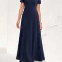KIRUNDO Wedding Guest Dresses for Women 2026 Spring Summer Short Sleeve Pleated Long Flowy A Line Formal Maxi Dress Pockets(Navy Blue, Large)