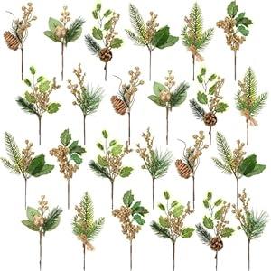 WILLBOND 24 Pcs Christmas Floral Picks and Spray Artificial Snowy Picks Greenery Stems Holly Pine Flower Pick Pinecones for Christmas Crafts Party Festive Home Decor