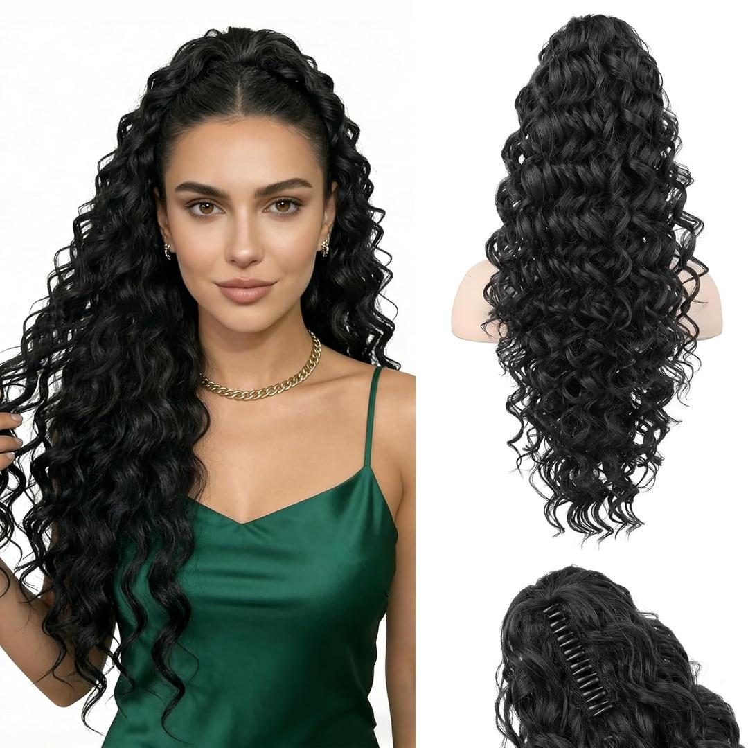 Ponytail Extension, HOOJIH Clip in Ponytail 24 Inch Hair Extension Curly Wavy Ponytail Fluffy Soft Synthetic Fiber Hair Pieces for Women - Black