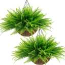 lovemoon Fake Ferns Plant Baskets,2PCS Artificial Hanging Plants,2 Hanging Planters with 24 Pcs Leaves for Indoor Outside Decorations for Front Porch Garden Balcony Patio Home Decor (2, Light Green)
