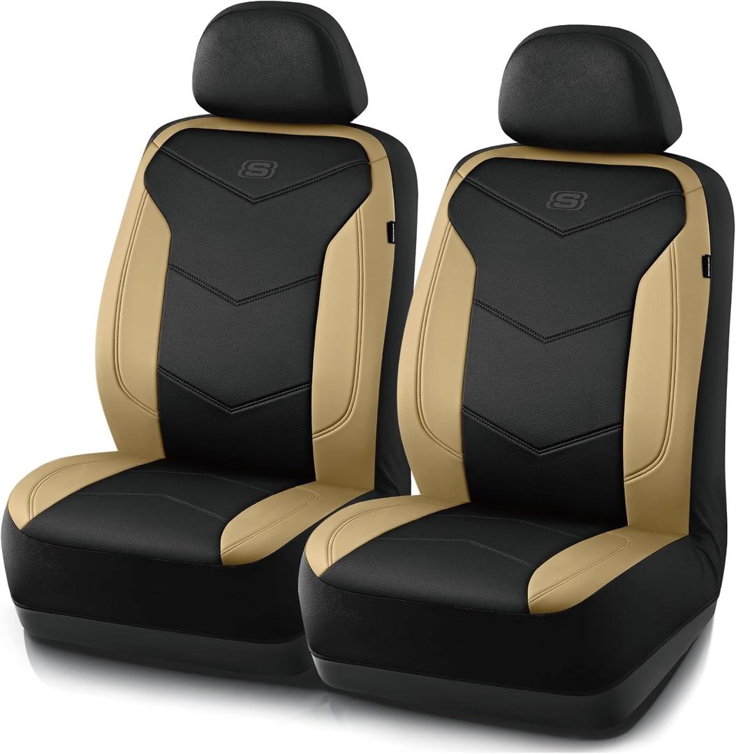 Skechers Memory Foam Seat Covers,Leather Car Seat Covers, Ultimate Comfort & Support Front Seat Covers Airbag Compatible, Automotive Universal Fit Most for SUVs, Vans, Sedans, Cars, Trucks,Beige (Black and Beige)