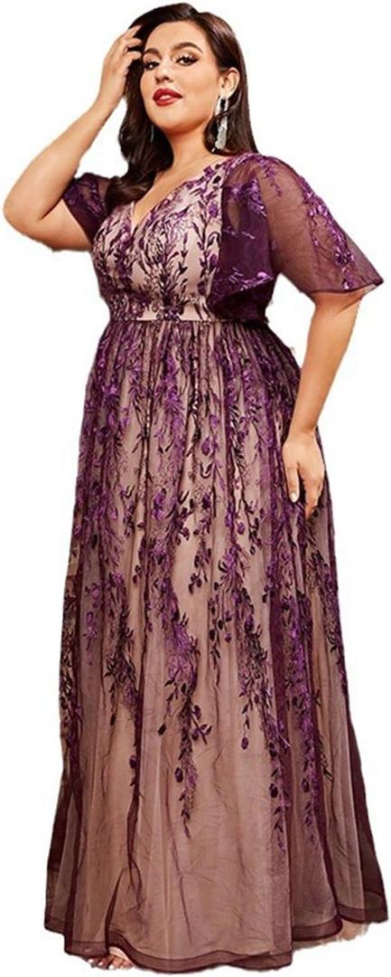 Women's Big Size Dresses Short Sleeve V-Neck Long Dress Party Dinner Hostess Dresses 4XL