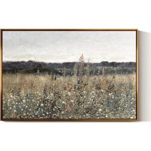 InSimSea Golden Framed Vintage Canvas Wall Art Wildflower Field 24x36In, Rustic Meadow with Flowers Vintage Floral Landscape Art Print, Modern Country Farmhouse Bedroom Bathroom Botanical Wall Decor