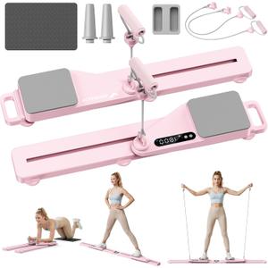 MERACH Pilates Board, Pilates Reformer Set with Timer and Resistance Bands, Portable Pilates Equipment for Home Workout, Ab Core Trainer Pilates Kit for Women and Beginners (Pink)