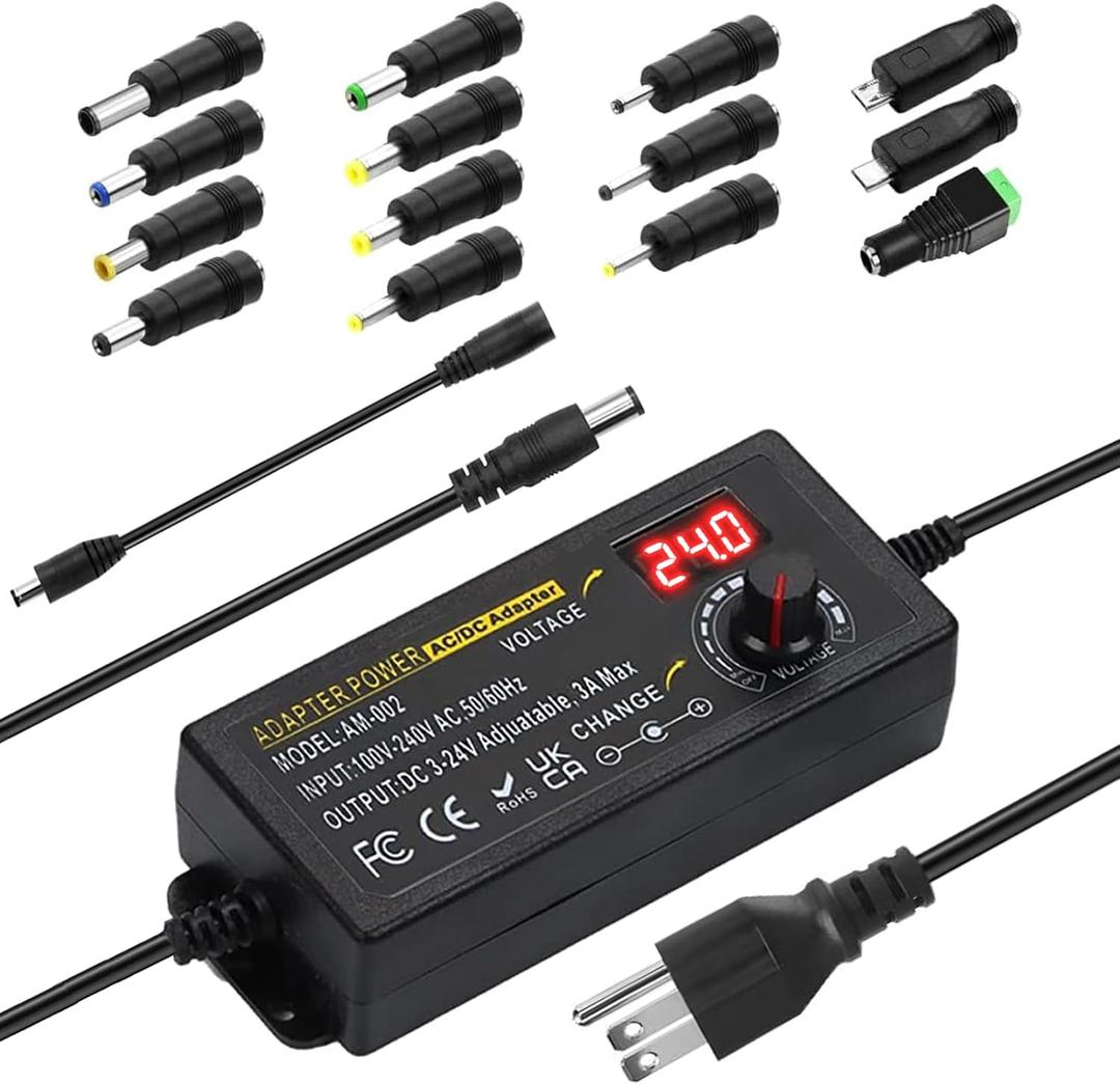 Adjustable Universal Power Supply 3V ~ 24V 3A 72W,100V-240V Switching AC/DC Adapter Converter with 5.5x2.1mm &14 Tips,9V 12V 15V 18V 20V 24V Variable Power Supply for LED Strip Light Printer Speaker