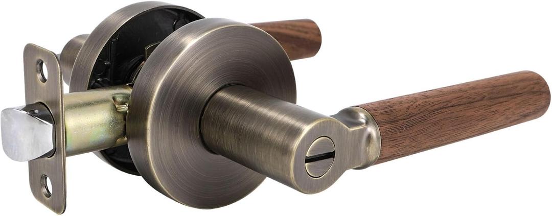 Walnut Wood Privacy Door Lever - Reversible Keyless Locksets Door Handles for Interior Bedrooms&Bathrooms Room Door Lock Zinc Alloy Base (1 Pack, Antique Brass, Privacy)