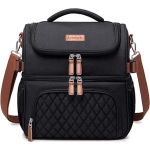 Artelaris Lunch Bag for Women, Large Double Deck Lunch Box Tote for Work, Dual Compartment Insulated Leakproof Lunchbox Cooler for Adult (Black)