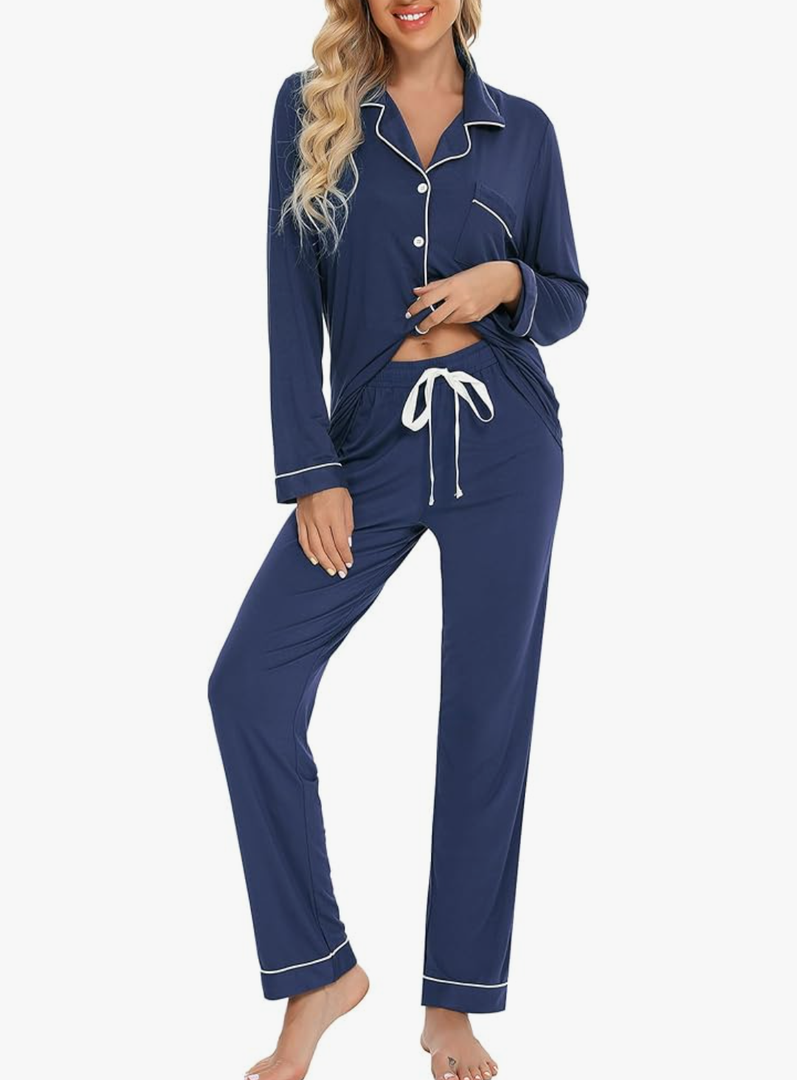 Anjue Pajamas for Women Soft Button Up Pajama Set Long Sleeve Shirt and Pajama Pants Lounge Size Extra Large, Cyan