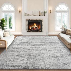 Area Rug 9x12 for Living Room - Modern Non-Slip Neutral Grey Large Washable Rugs for Bedroom - Low Pile Thin Large Floor Carpet for Dinning Room Home Office