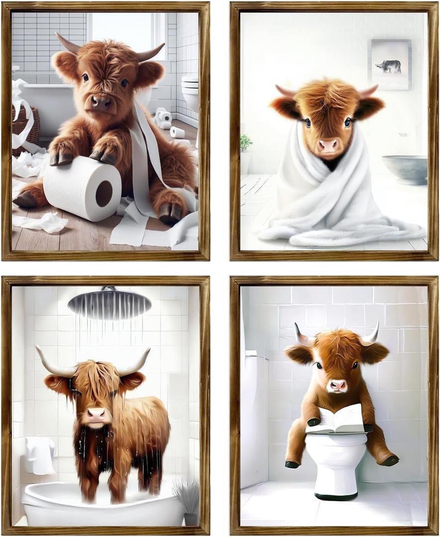 TWNSLLA Highland Cow Funny Bathroom Decor Wall Art, Bathroom Highland Cow Art Prints, Rustic Farmhouse Bathroom Wall Decor, Funny Bathroom Signs Animal Canvas Wall Art, UNFRAMED, 11x14inchx4pcs