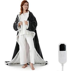 Wearable Heated Blanket with Foot Pocket, Electric Snuggle Throw Blankets Robe with Sleeves for Women Men Gift, 8 Heat Levels & 6 Timer Settings, 50"x 70",Grey