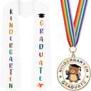 Metal Graduation Medal with Graduation Honor Stole Sash, Grad Award Medals with Lightweight Neck Ribbon, Grad Gift Party Favor Supplies (Kindergarten Bear)