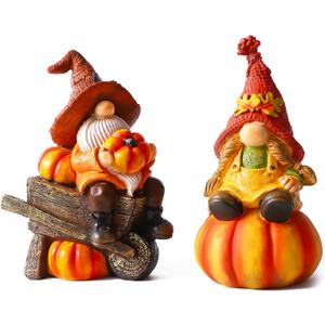 BUTILIVEEN Thanksgiving Gnomes with Pumpkin Figurines, Fall Gnomes Decorations for Tabletop, Mantle and Shelf, Autumn Garden Statue Decor, Hand-Painted, Resin, 7.5Inch
