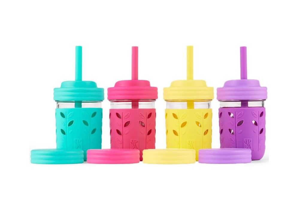Elk and Friends Kids + Toddler Glass Cups | The Original 8oz Glass Mason Jar with Sleeves + Lids | Silicone Straws + Stopper | Smoothie Cup | Food Storage | Spill Resistant | Dishwasher Safe | 4 Pack