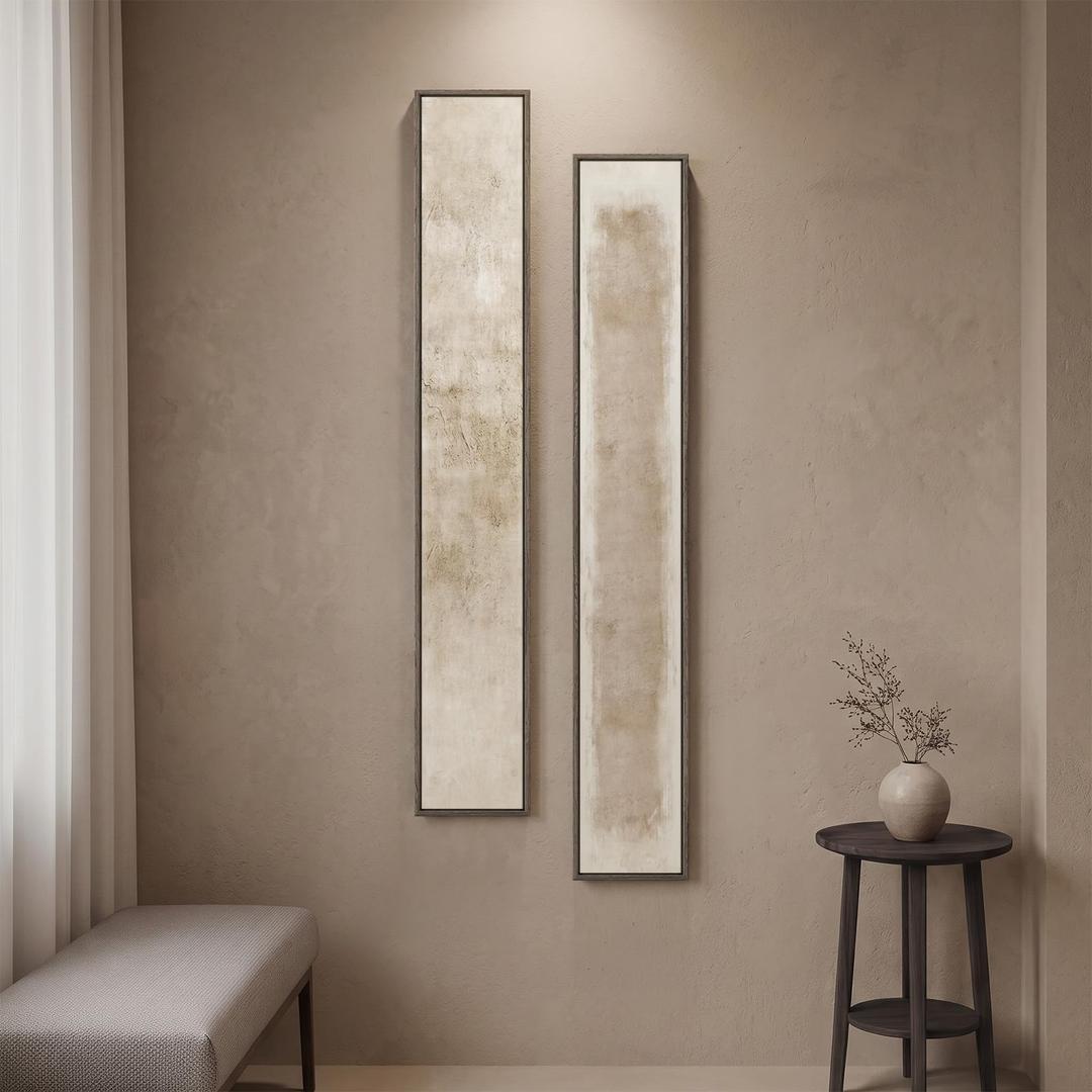 Framed Neutral Beige Abstract Vertical Wall Art Set for Hallway, 2 Piece