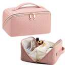 Large Capacity Travel Makeup Bag for Women, Waterproof Portable Cosmetic Bag with Compartments, Foldable Flat Lay Design for Easy Access, Perfect for Toiletries & Beauty Essentials (Pink)