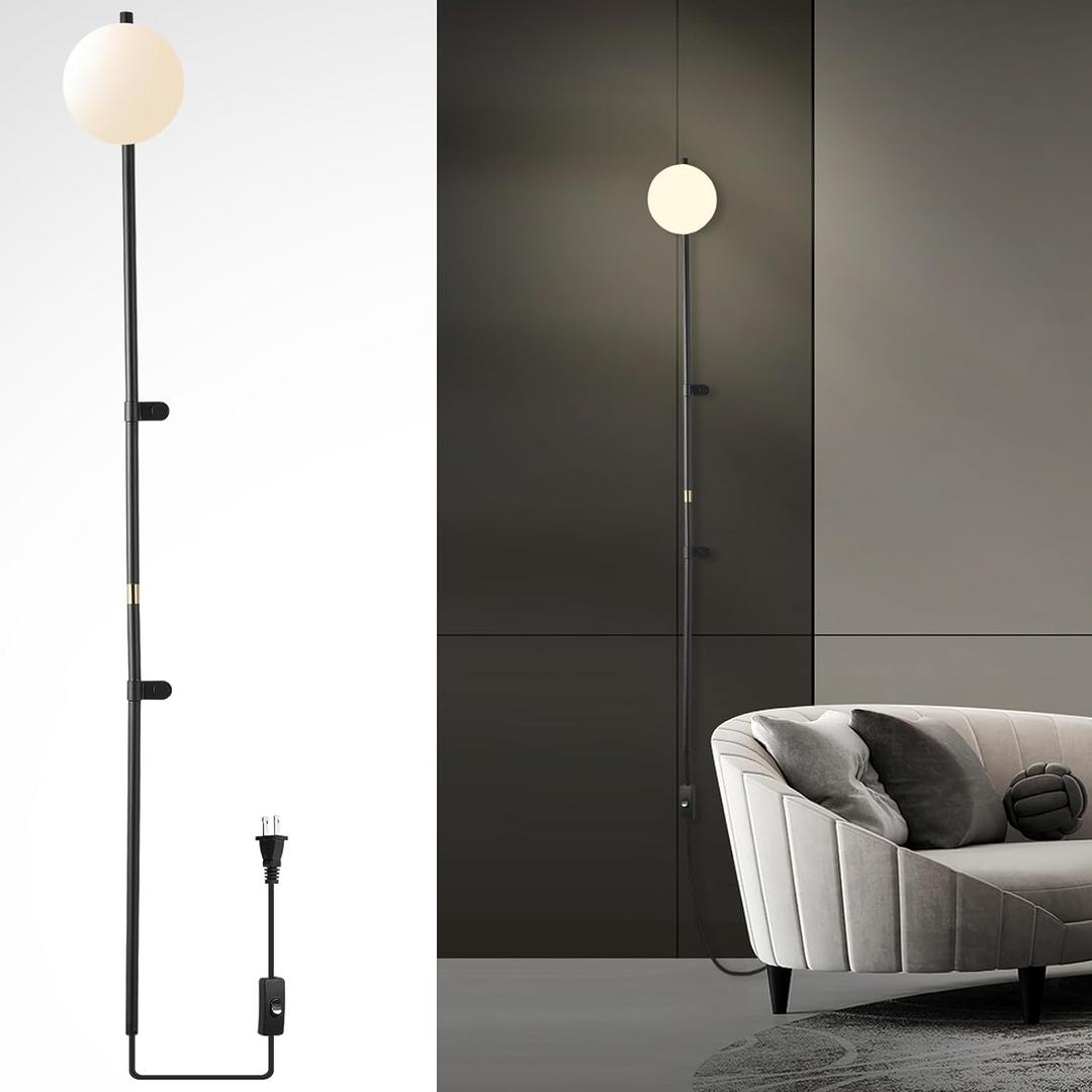 Modern Plug in Wall Sconce Globe Shade Indoor Wall Light, LED Wall Mounted Lamp with Plug in Switch, Wall Lamp for Bedroom Living Room Study Hallway Bedside etc. - Black