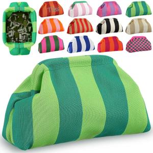 Mahjong Tile Bag Woven Clutch Purses for Women Woven Striped Dumpling Bag Summer Beach Evening Handbag for Mahjong Tile Vacation Supplies(Dark Light Green,Thick Lines)