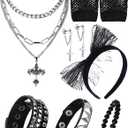 Ecation 7 Pcs 80s Women Costume Accessories Halloween Leather Punk Bracelet Black Cross Necklace Lace Headband Fishnet Glove