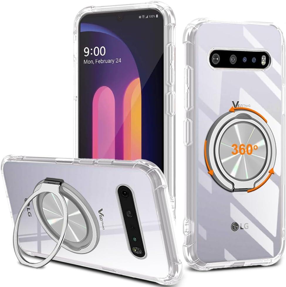 for LG V60 ThinQ 5G / V60 ThinQ 5G UW Phone Case 360 Rotatable Ring Holder Kickstand/Stand [Non Yellowing] Transparent 4 Corners Shockproof Military-Grade Protective Cover Case - Crystal Clear