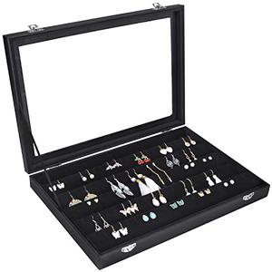 Siveit Earring Organizer Tray Velvet Earring Display Organizer Storage Box Premium 110 Slot 55 Pair Earring Display Organizer with Transparent Glass Cover Suitable for Women and Girls (Black)