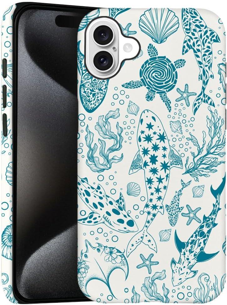 Case for iPhone 16 Plus,Coral Reef Whale Turtles Blue Green Phone Case Slim Silicone Shockproof Cover for Girls Women（Frosted & Durable）