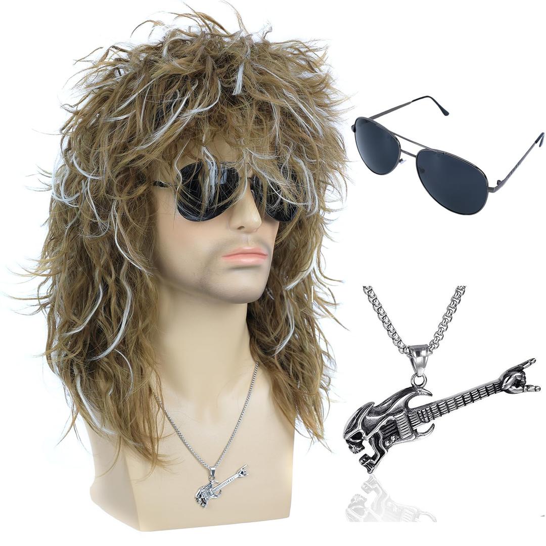 morvally Men's Women 80s Rocker Mullet Wig with Glasses and Necklace Long Blonde Curly Glam Rock-Rockstar Wig Perfect for Halloween, Cosplay, DIY Themed Costume Party