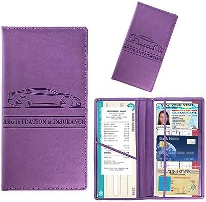 Kewucn Car Registration and Insurance Card Holder, Leather Auto License Document Glove Box Compartment Organizer, Essentials Vehicle Wallet Case for Driver License, ID Card (Purple)